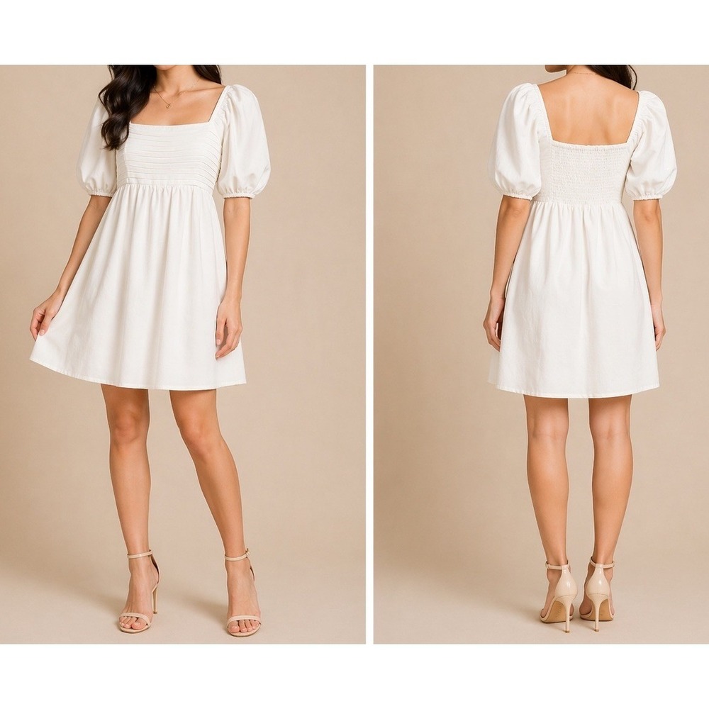 Mini‎ Dress Puff Sleeve Smocked White Large